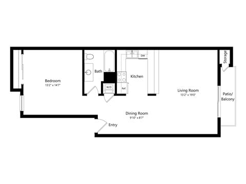 Floor plan for 1 bed, 1 bath, 559 sqft